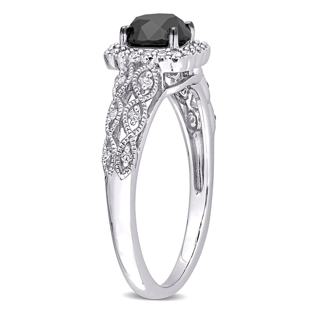 Black & White Diamond Ring with Cushion-Shaped Halo in 10K White Gold (1 1/7 ct. tw.)