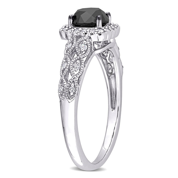 Black & White Diamond Ring with Cushion-Shaped Halo in 10K White Gold (1 1/7 ct. tw.)