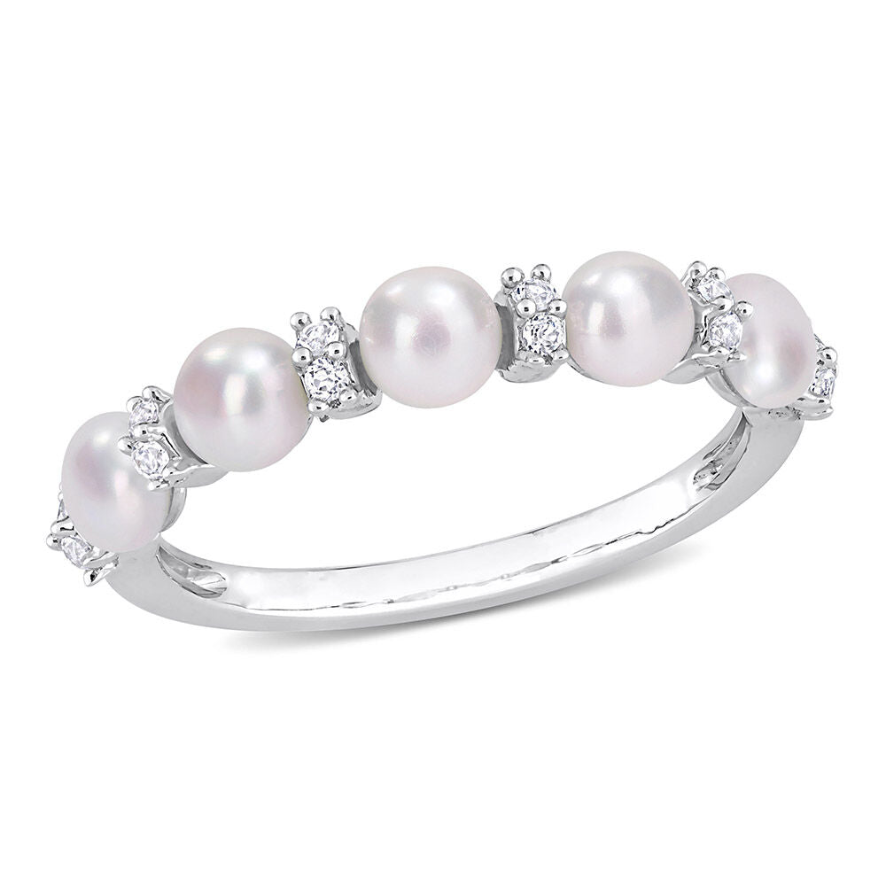 Pearl Stacking Ring with White Topaz in Sterling Silver