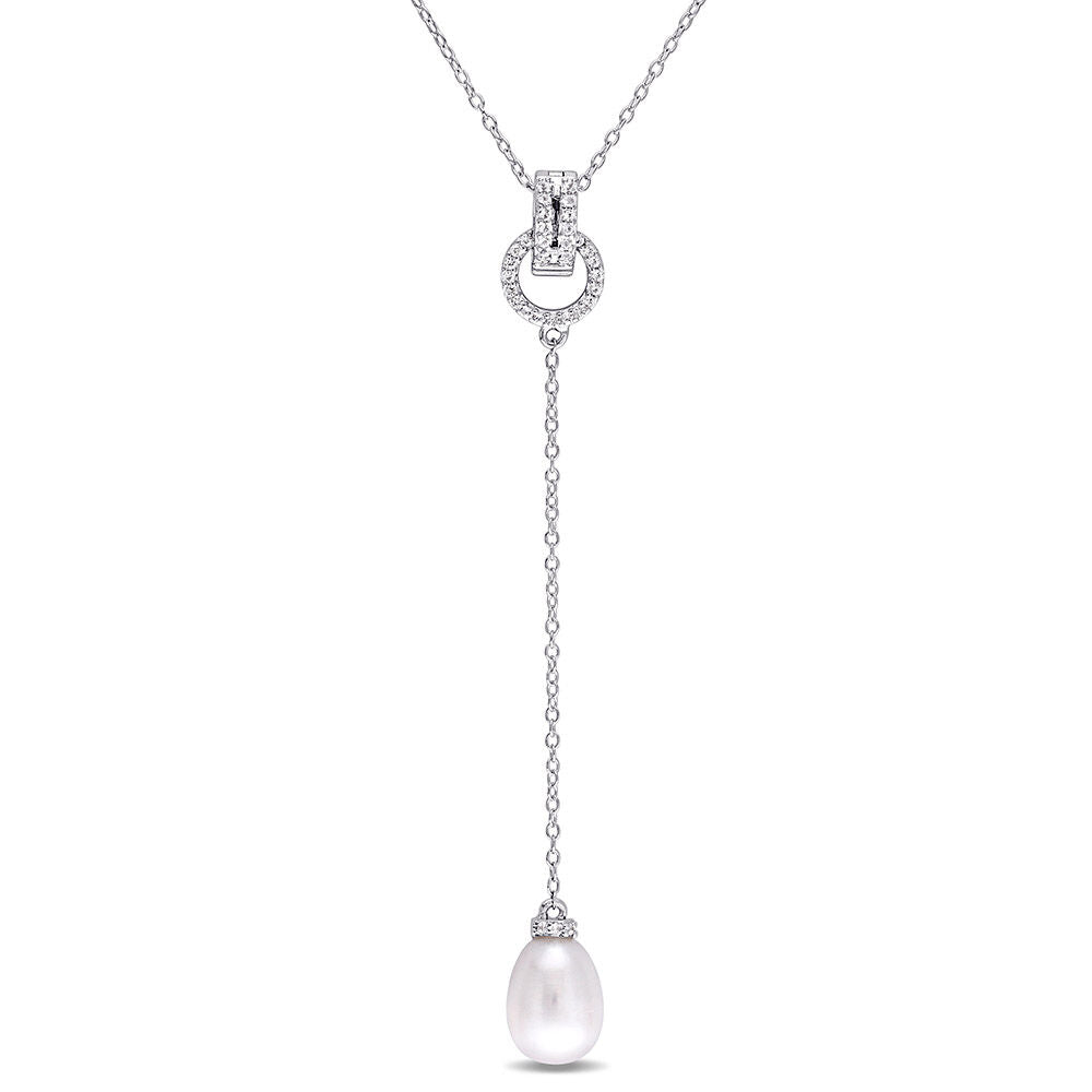 Pearl Drop Necklace with White Topaz in Sterling Silver