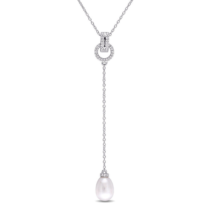 Pearl Drop Necklace with White Topaz in Sterling Silver