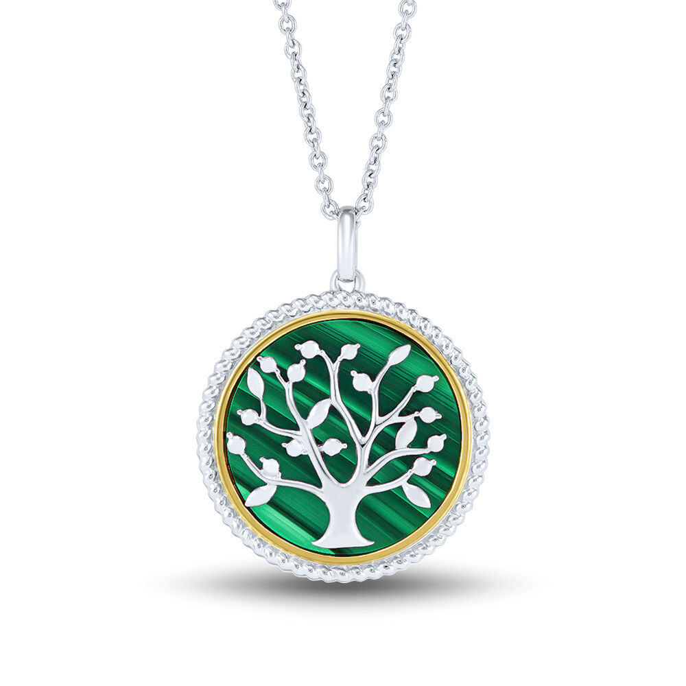 Medallion Necklace with Family Tree & Malachite in Sterling Silver