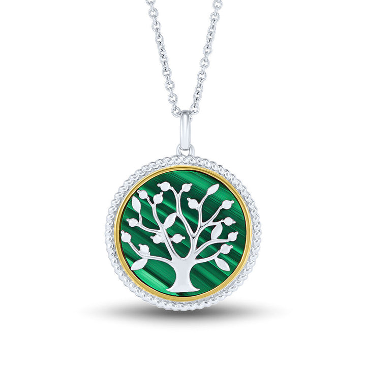Medallion Necklace with Family Tree & Malachite in Sterling Silver