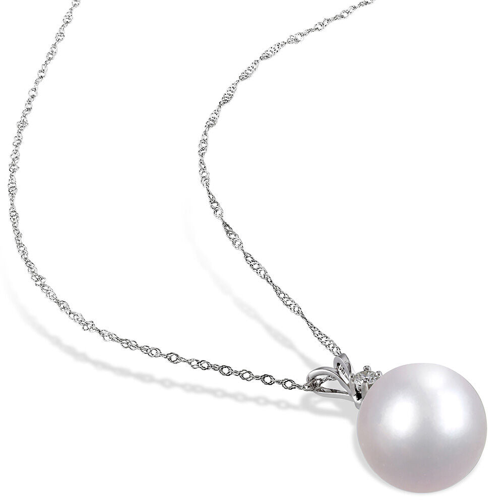 South Sea Single Pearl Necklace with Diamond Accent in 14K White Gold, 9-10mm