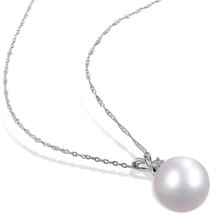 South Sea Single Pearl Necklace with Diamond Accent in 14K White Gold, 9-10mm