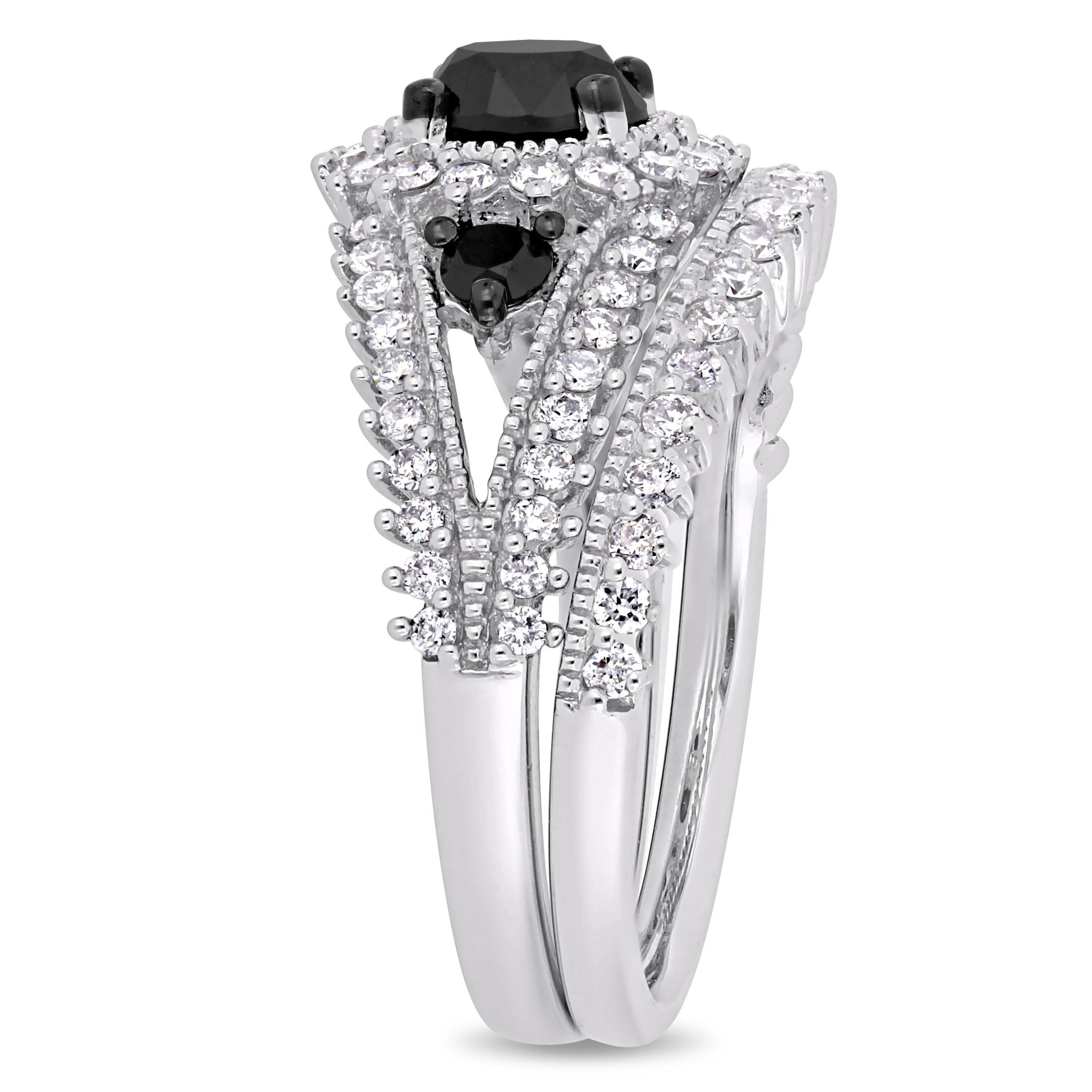 Mimi & Max 2ct TW Black White Diamond 2-piece Halo Bridal Ring Set 10k White Gold