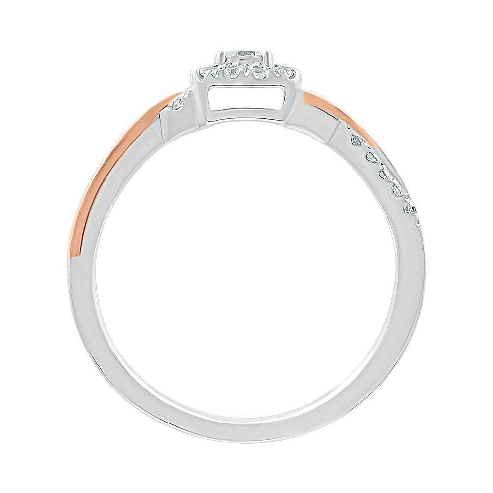 Halo Promise Ring with Diamond Twist Band in Sterling Silver & 10K Rose Gold (1/5 ct. tw.)