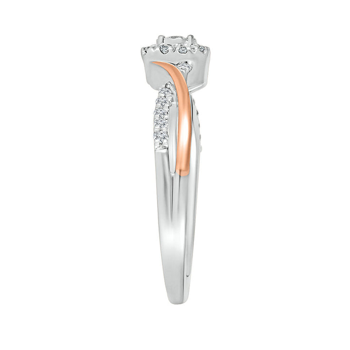 Halo Promise Ring with Diamond Twist Band in Sterling Silver & 10K Rose Gold (1/5 ct. tw.)