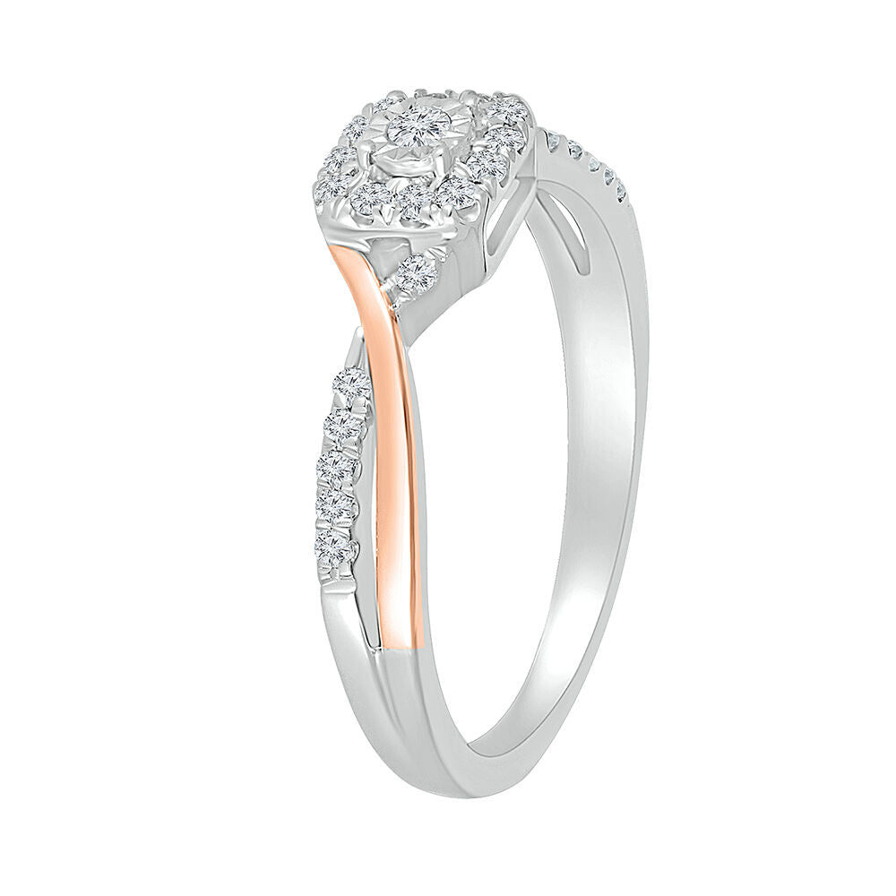 Halo Promise Ring with Diamond Twist Band in Sterling Silver & 10K Rose Gold (1/5 ct. tw.)