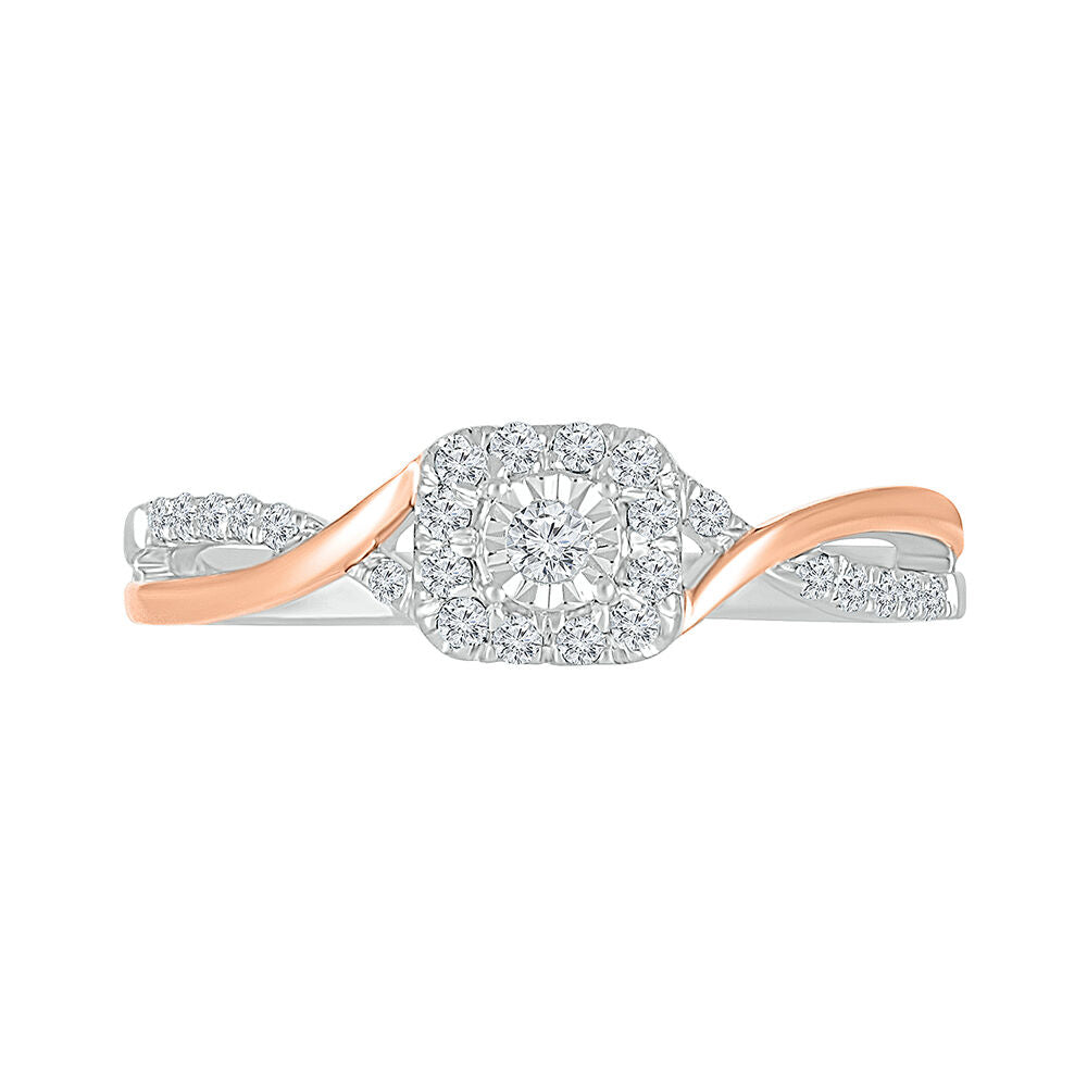 Halo Promise Ring with Diamond Twist Band in Sterling Silver & 10K Rose Gold (1/5 ct. tw.)