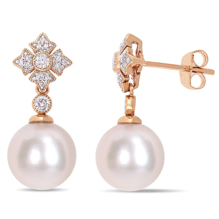 Cultured Freshwater Pearl Earrings with Diamond Drop in 10K Rose Gold (1/8 ct. tw.)