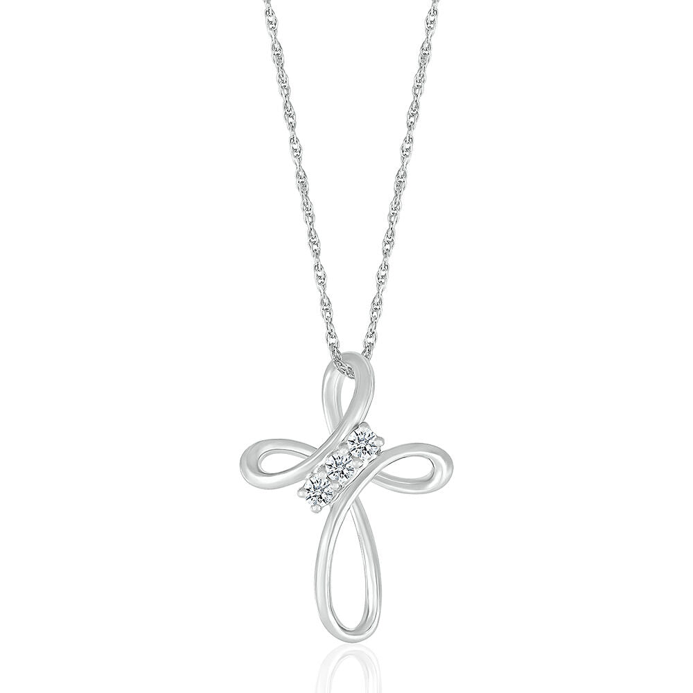 Diamond Cross Pendant with Three-Stone Design in 10K White Gold (1/8 ct. tw.)