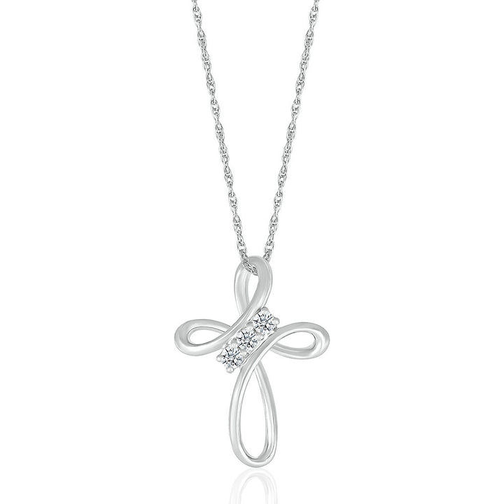 Diamond Cross Pendant with Three-Stone Design in 10K White Gold (1/8 ct. tw.)