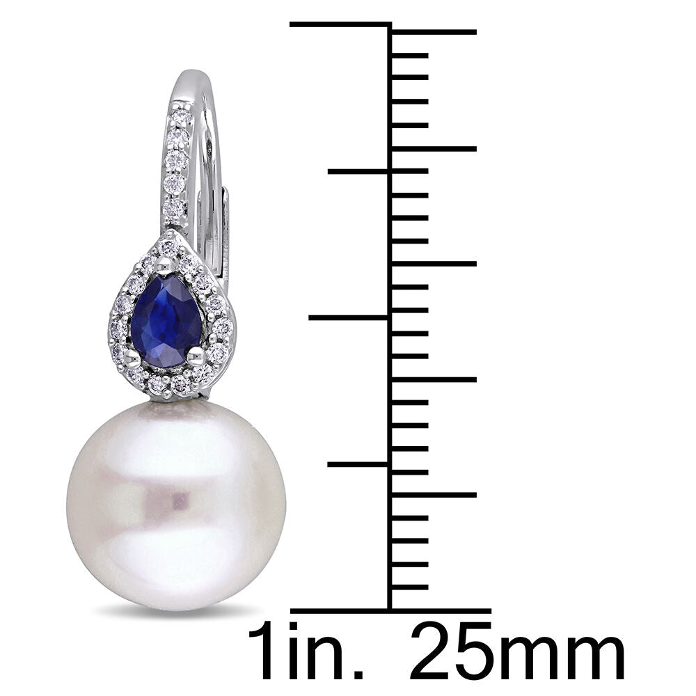 Freshwater Pearl Drop Earrings with Blue Sapphires & Diamonds in 14K White Gold (1/8 ct. tw.)