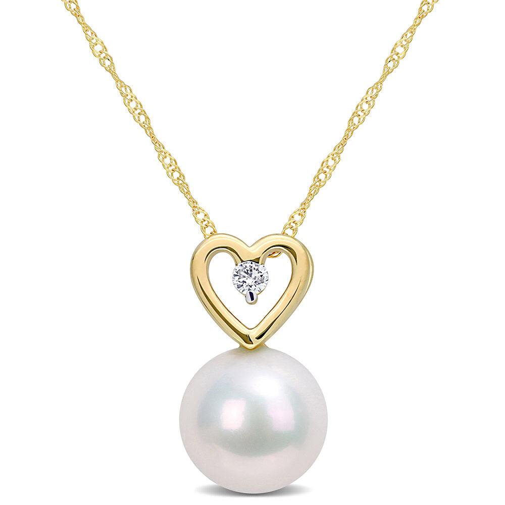 Single Pearl Necklace with Heart & Diamond Accent in 10K Yellow Gold