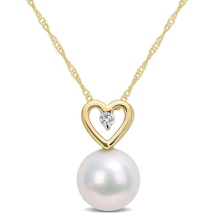 Single Pearl Necklace with Heart & Diamond Accent in 10K Yellow Gold