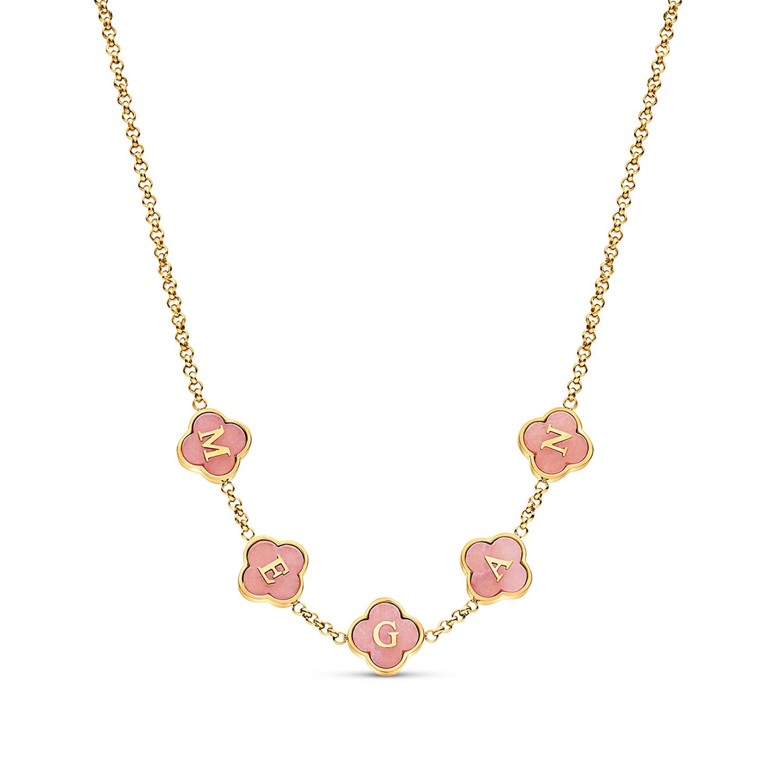 Rose Quartz Clover Custom Name Necklace (Gold)