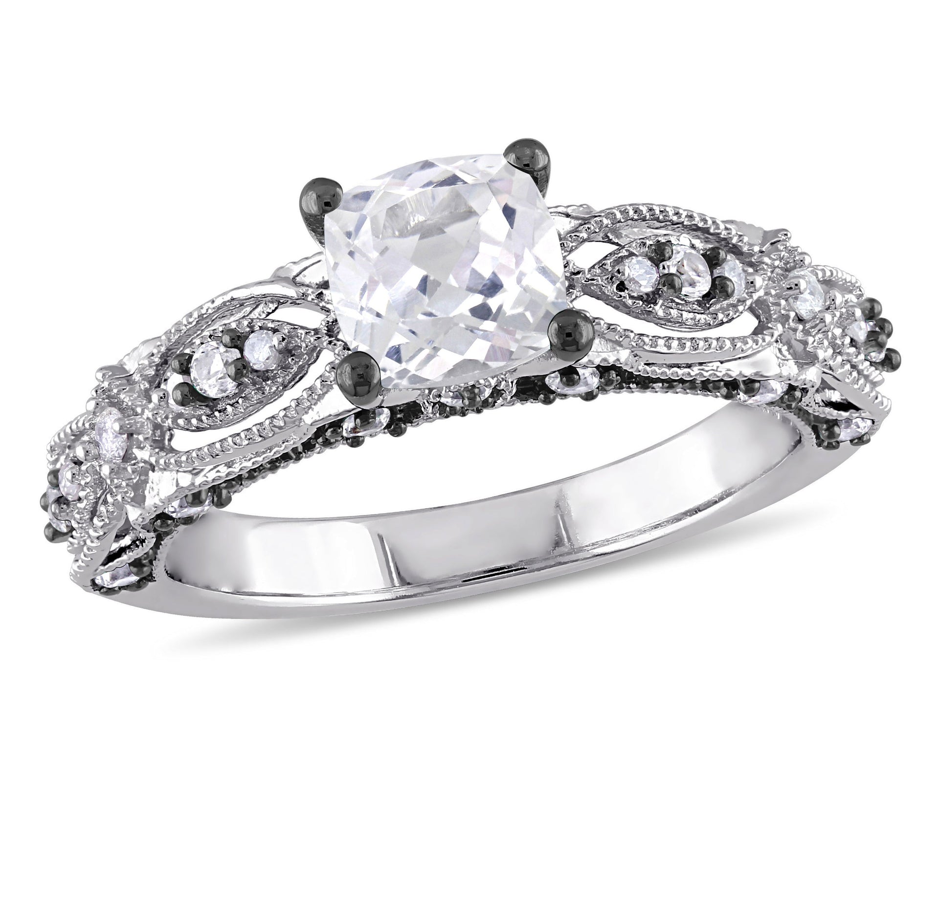1 5/8 ct TW Created White Sapphire and Diamond Vintage Filigree Engagement Ring in 10k White Gold