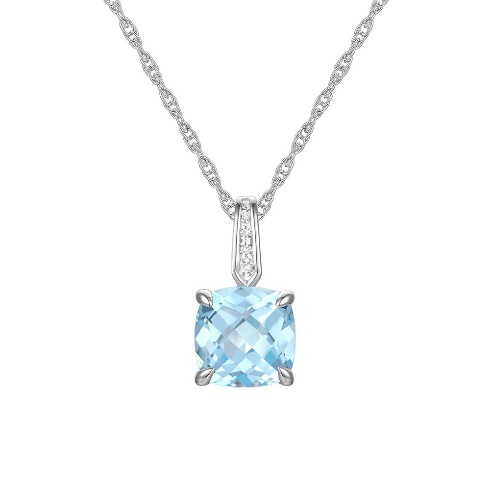 Cushion-Cut Aquamarine Pendant with Diamond Accents in 10K White Gold