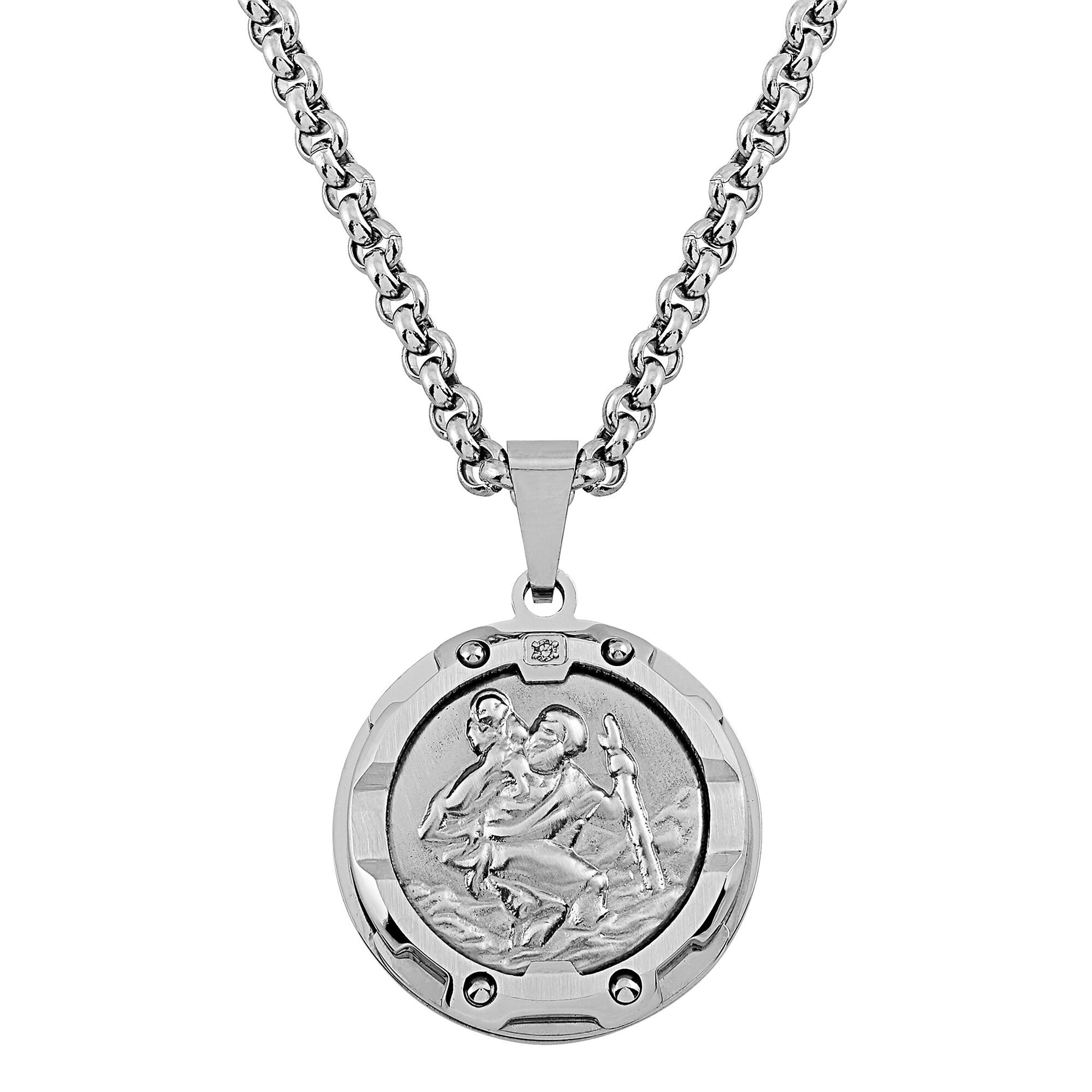 Saint Christopher Pendant with Diamond Accent in Stainless Steel, 24”