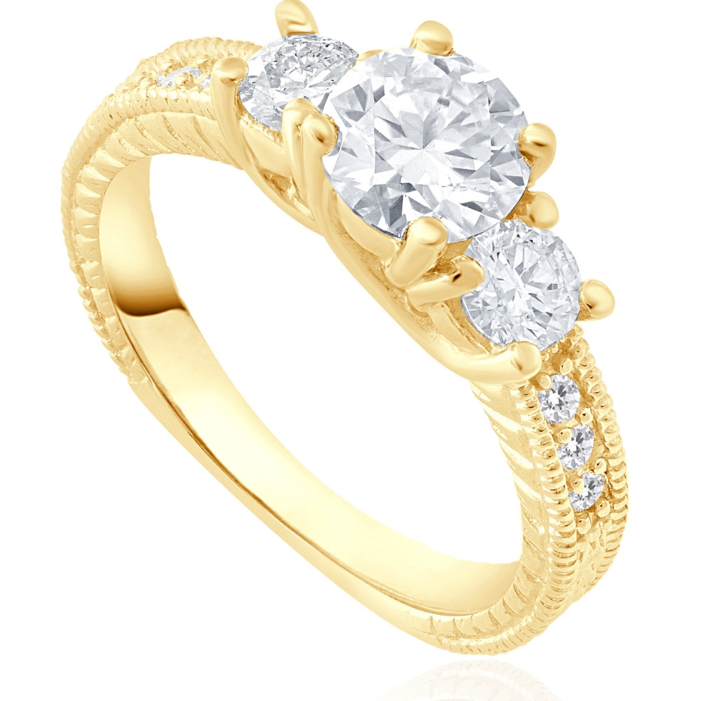 1.80Ct Three Stone Diamond Engagement Ring Vintage Accents 14k Yellow Gold