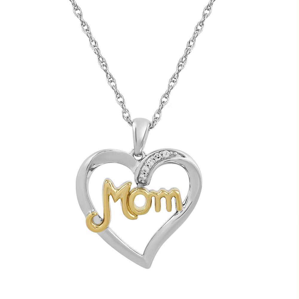 Mom Heart Pendant with Diamond Accents in Sterling Silver & 10K Yellow Gold