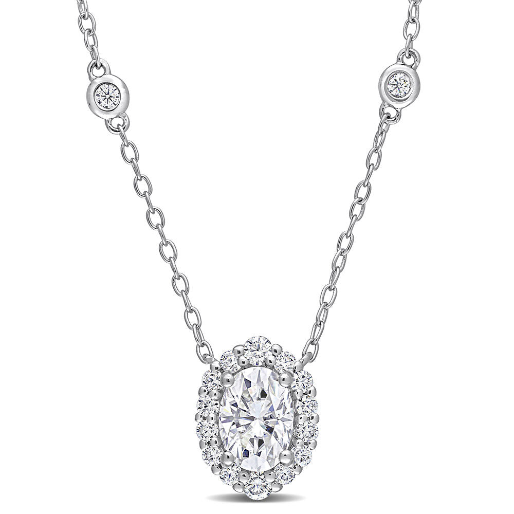 Moissanite Oval Halo Pendant in Sterling Silver