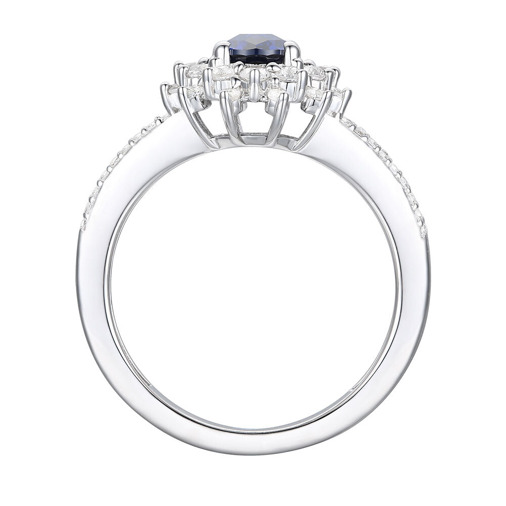 Blue Sapphire & Diamond Halo Ring in 14K White Gold (1/2 ct. tw.)