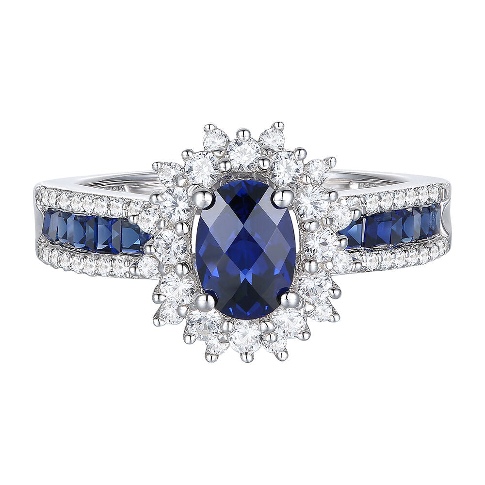 Blue Sapphire & Diamond Halo Ring in 14K White Gold (1/2 ct. tw.)