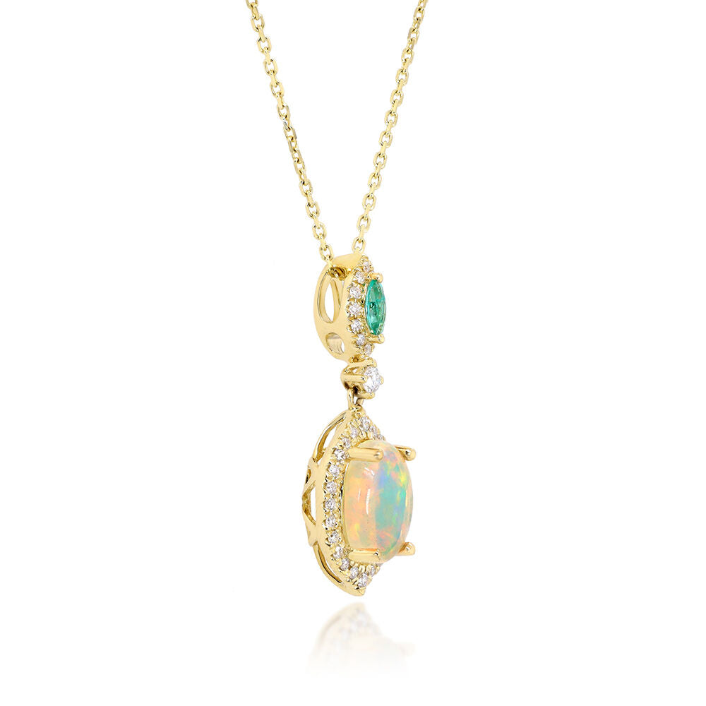 Opal, Emerald & Diamond Pendant in 10K Yellow Gold (1/5 ct. tw.)