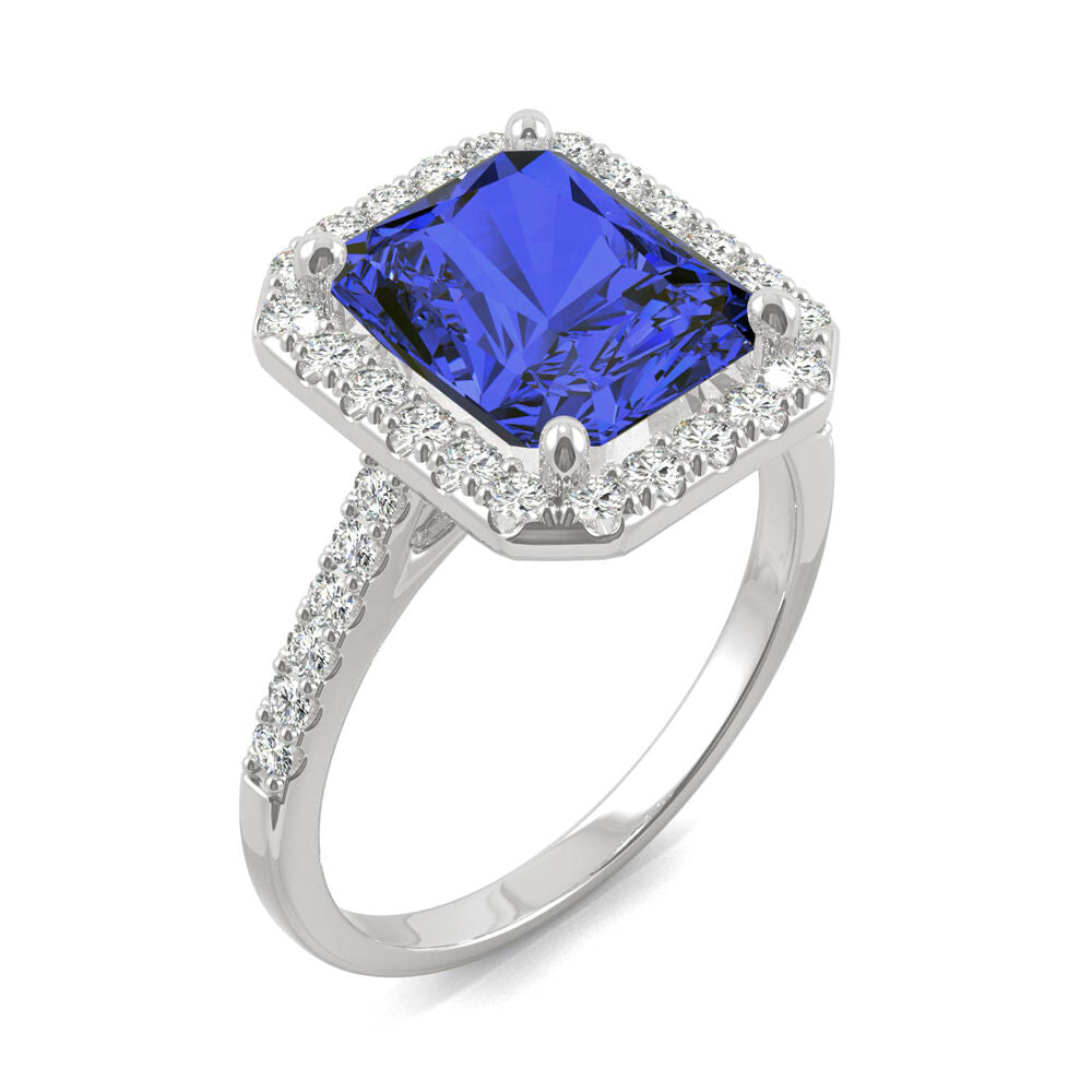 Radiant Cut Lab Created Blue Sapphire & Moissanite Ring in 14K White Gold