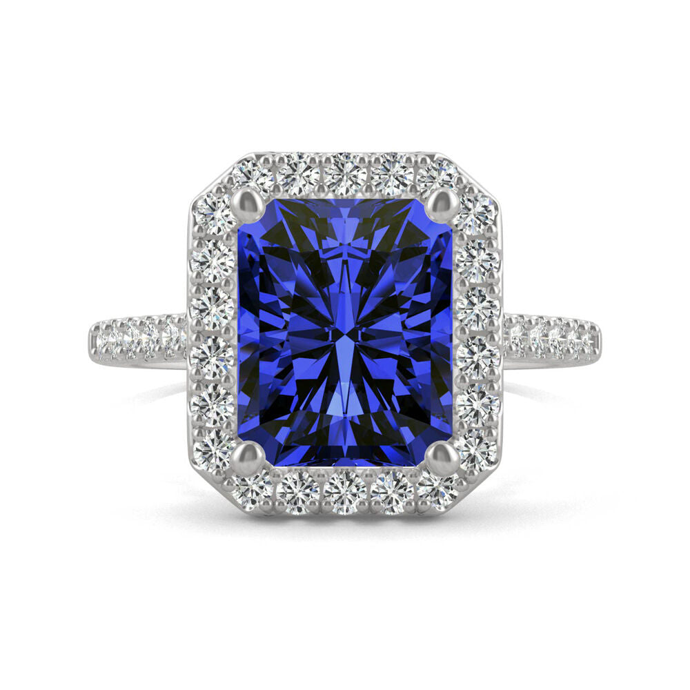 Radiant Cut Lab Created Blue Sapphire & Moissanite Ring in 14K White Gold