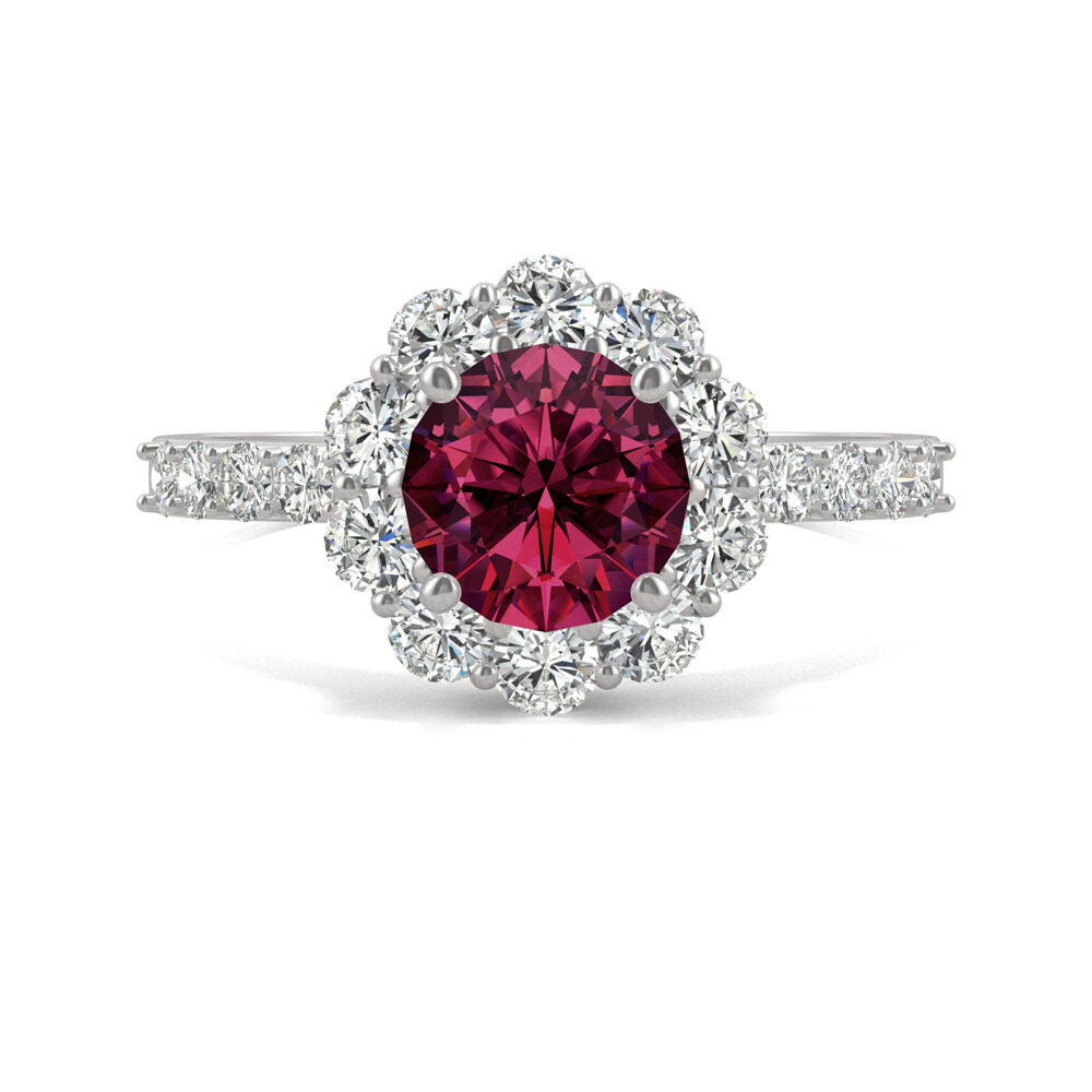 Round Lab Created Ruby & Moissanite Halo Ring in 14K White Gold