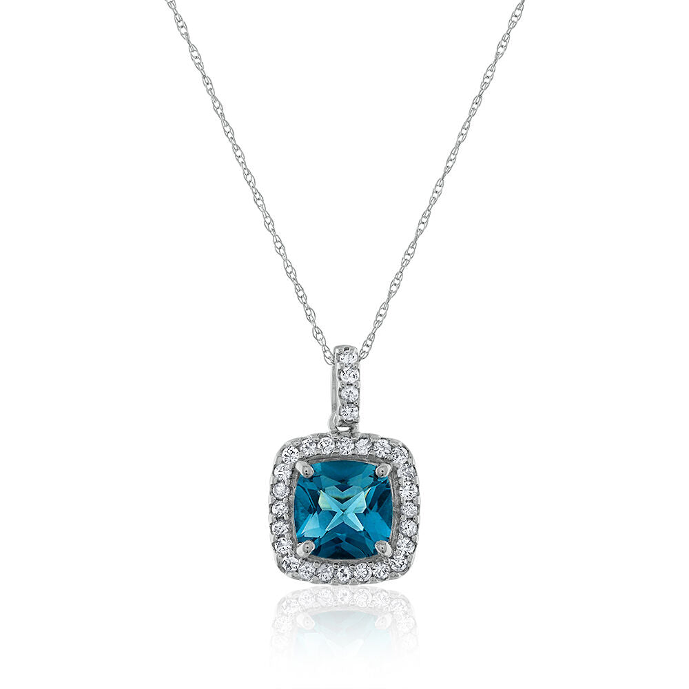 London Blue Topaz & White Sapphire Cushion-Cut Pendant in 14K White Gold