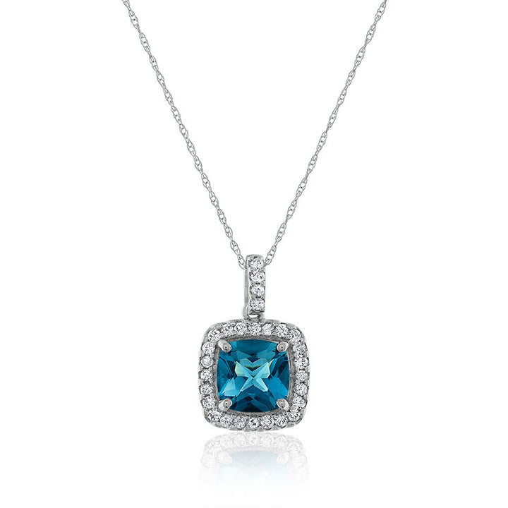 London Blue Topaz & White Sapphire Cushion-Cut Pendant in 14K White Gold