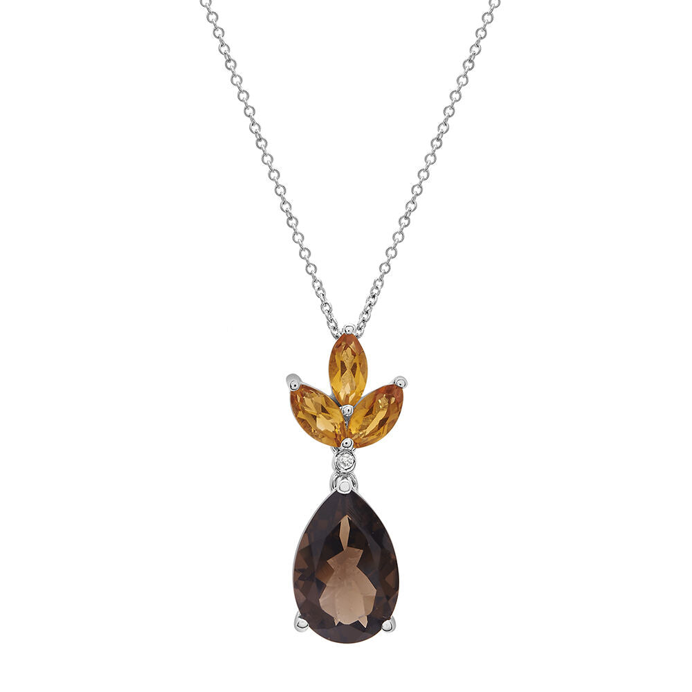Smoky Quartz Pendant with Citrine & Diamond Accent in Sterling Silver