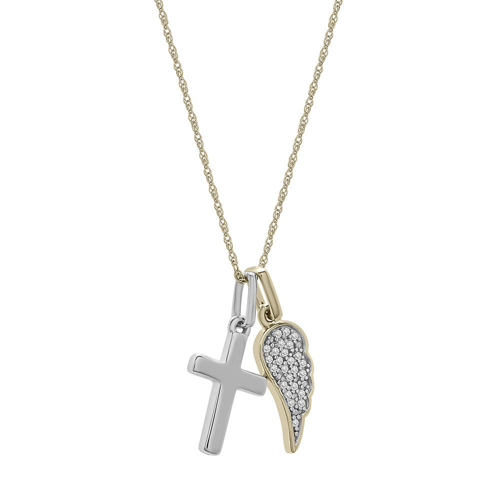 Diamond Wing & Cross Charm Pendant in Sterling Silver & 10K Yellow Gold