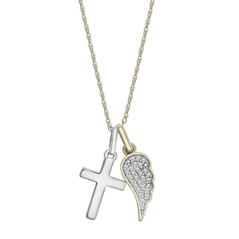 Diamond Wing & Cross Charm Pendant in Sterling Silver & 10K Yellow Gold