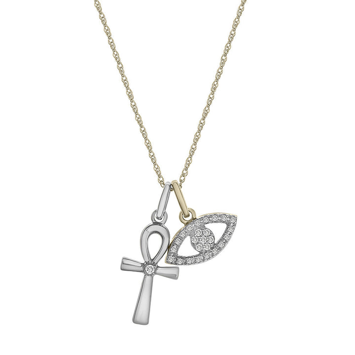 Diamond Evil Eye & Cross Charm Pedant in Sterling Silver & 10K Yellow Gold