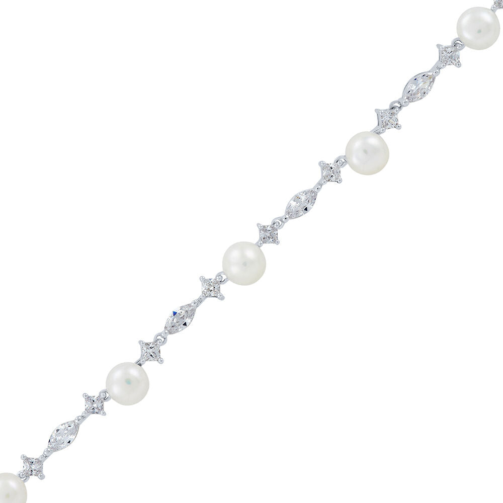 Freshwater Cultured Pearl & Lab Created White Sapphire Necklace in Sterling Silver