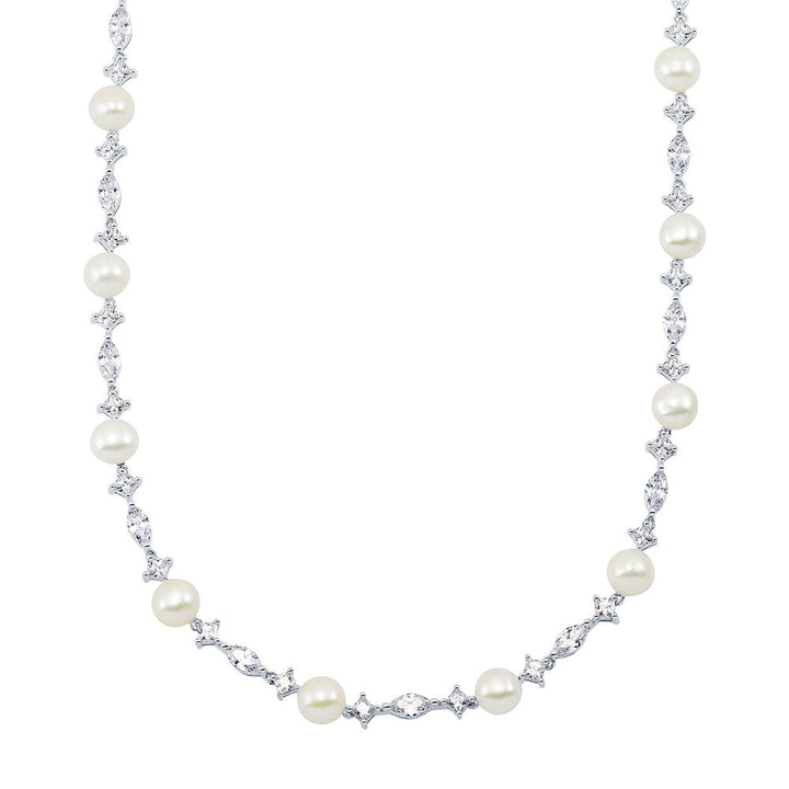 Freshwater Cultured Pearl & Lab Created White Sapphire Necklace in Sterling Silver