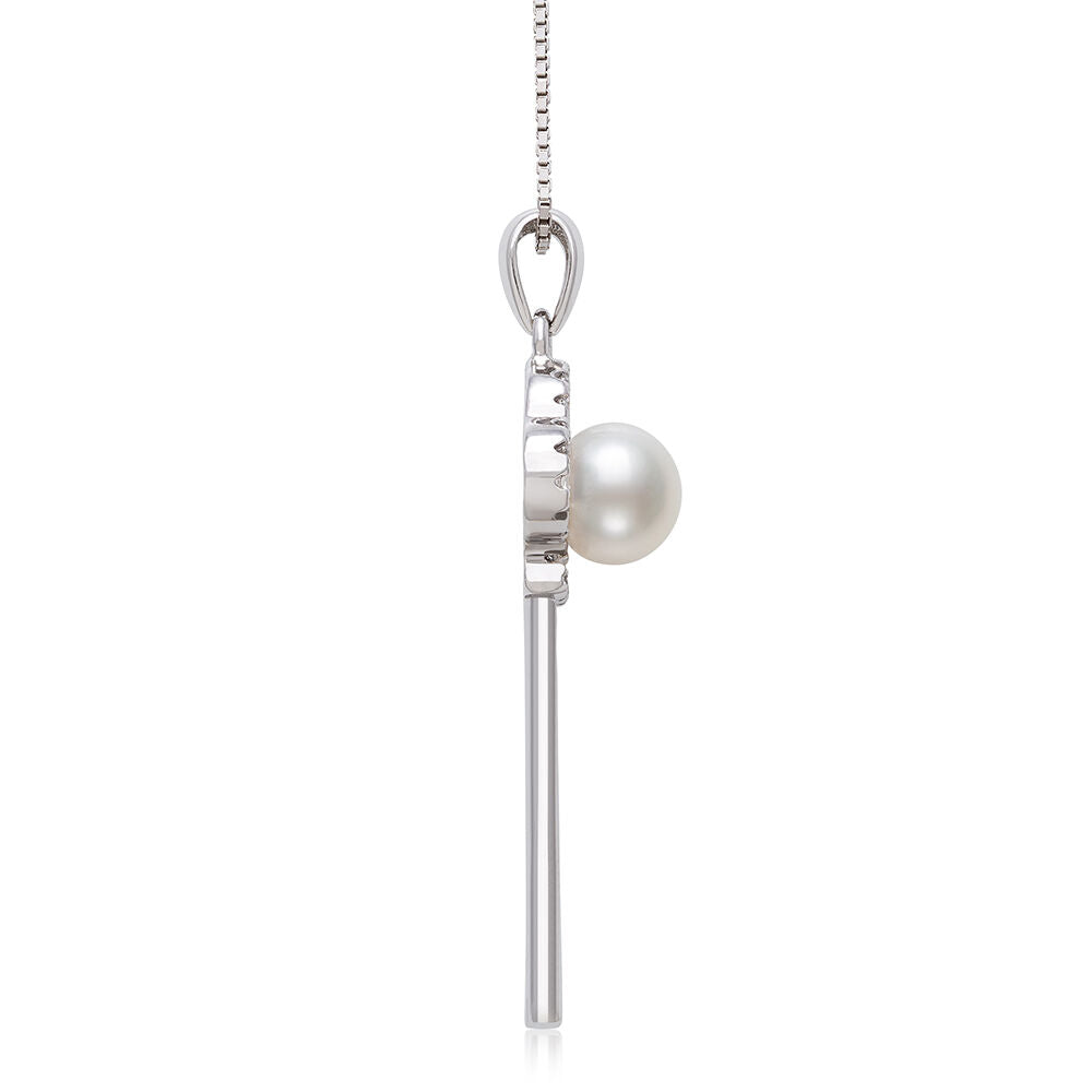 Freshwater Pearl and Lab Created White Sapphire Key Pendant in Sterling Silver