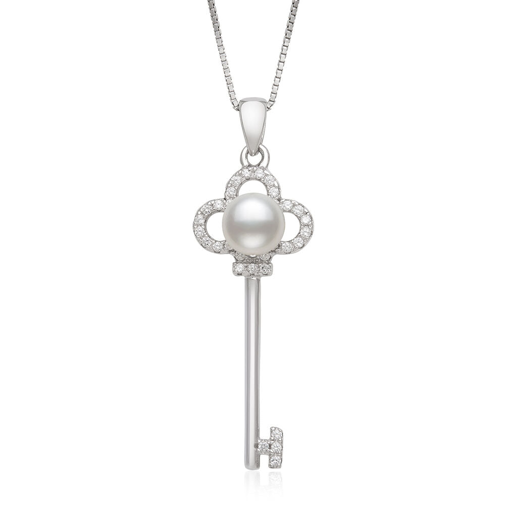 Freshwater Pearl and Lab Created White Sapphire Key Pendant in Sterling Silver
