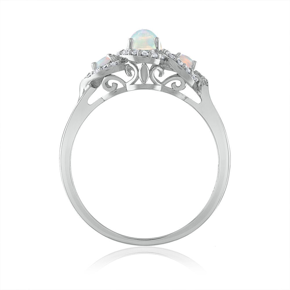 Oval Opal & Diamond Three-Stone Ring in 14K White Gold (1/7 ct. tw.)