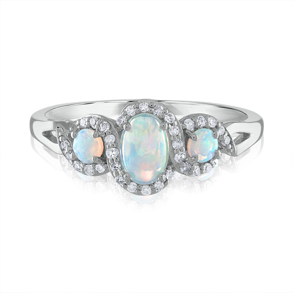 Oval Opal & Diamond Three-Stone Ring in 14K White Gold (1/7 ct. tw.)