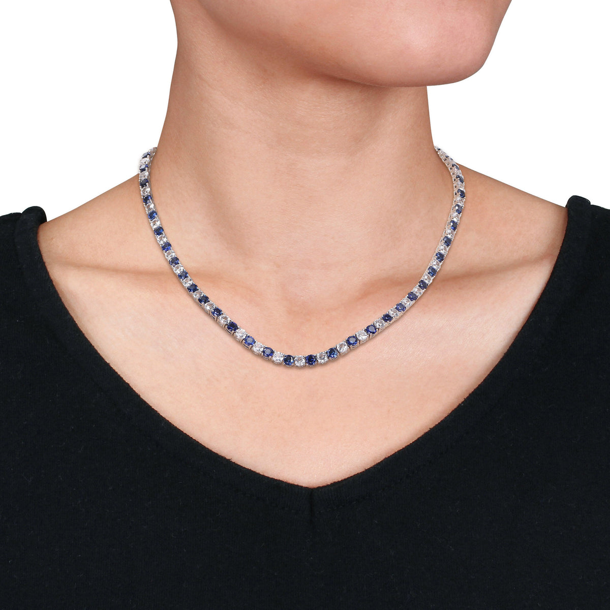 Lab Created Blue and White Sapphire Necklace in Sterling Silver