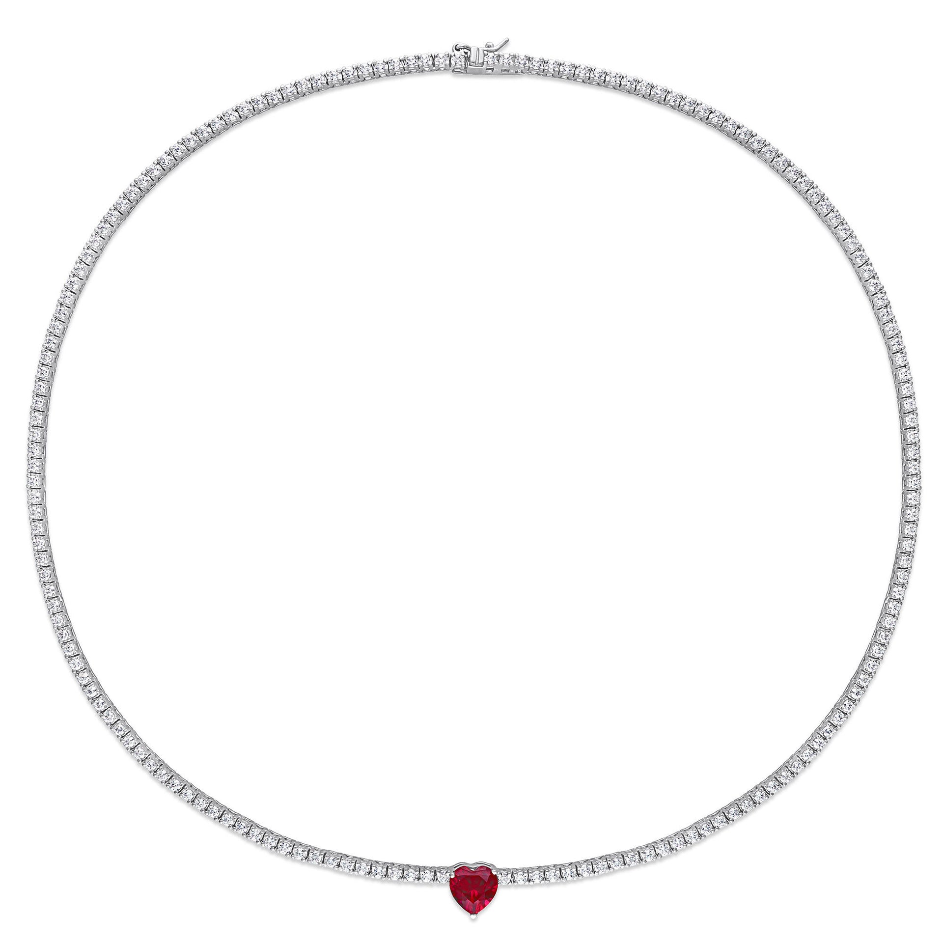 Lab Created White Sapphire and Lab Created Ruby Heart Necklace in Sterling Silver