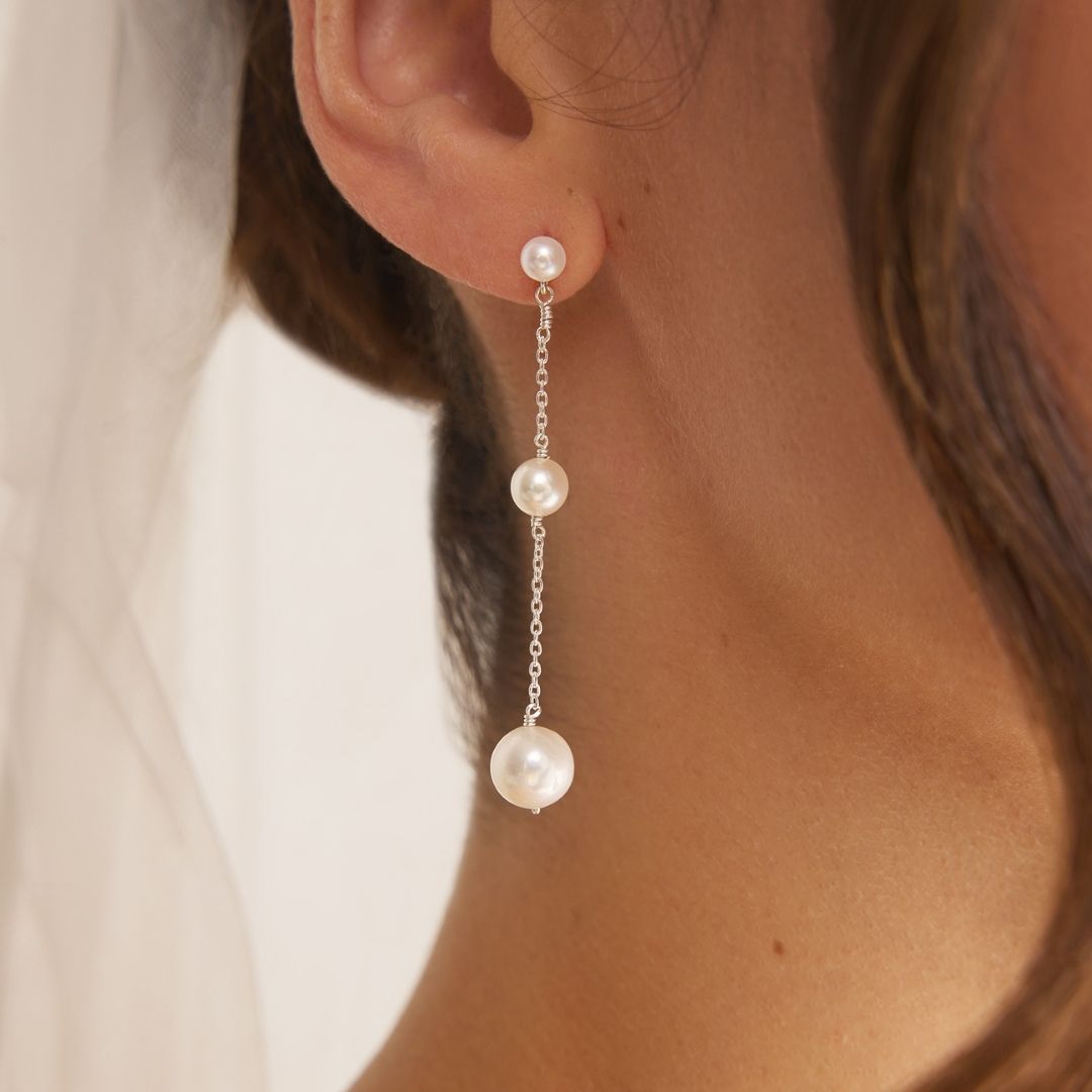Silver Three Graduated Pearl Drop Earrings