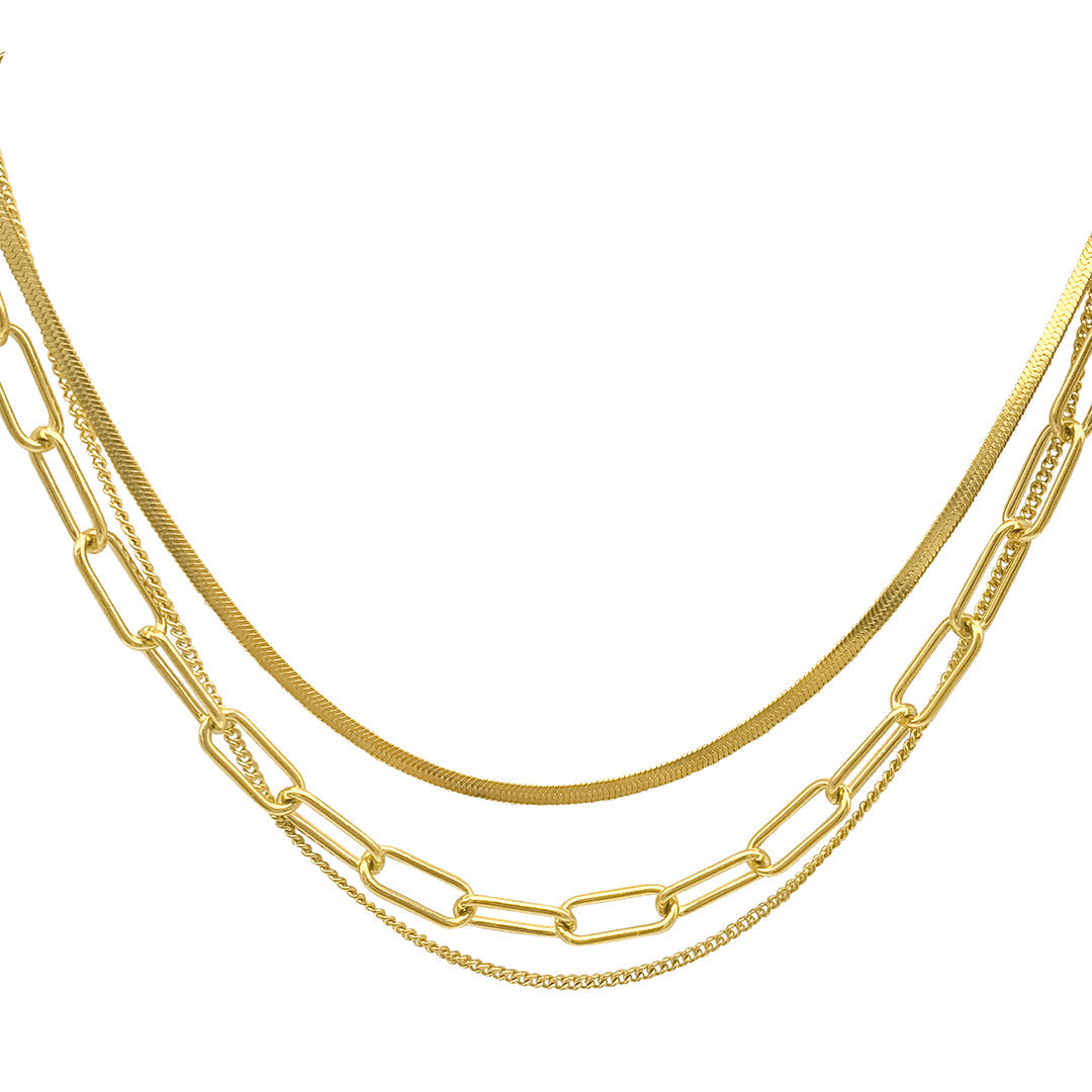 Paper Clip, Snake Chain and Curb Chain Neckalce gold