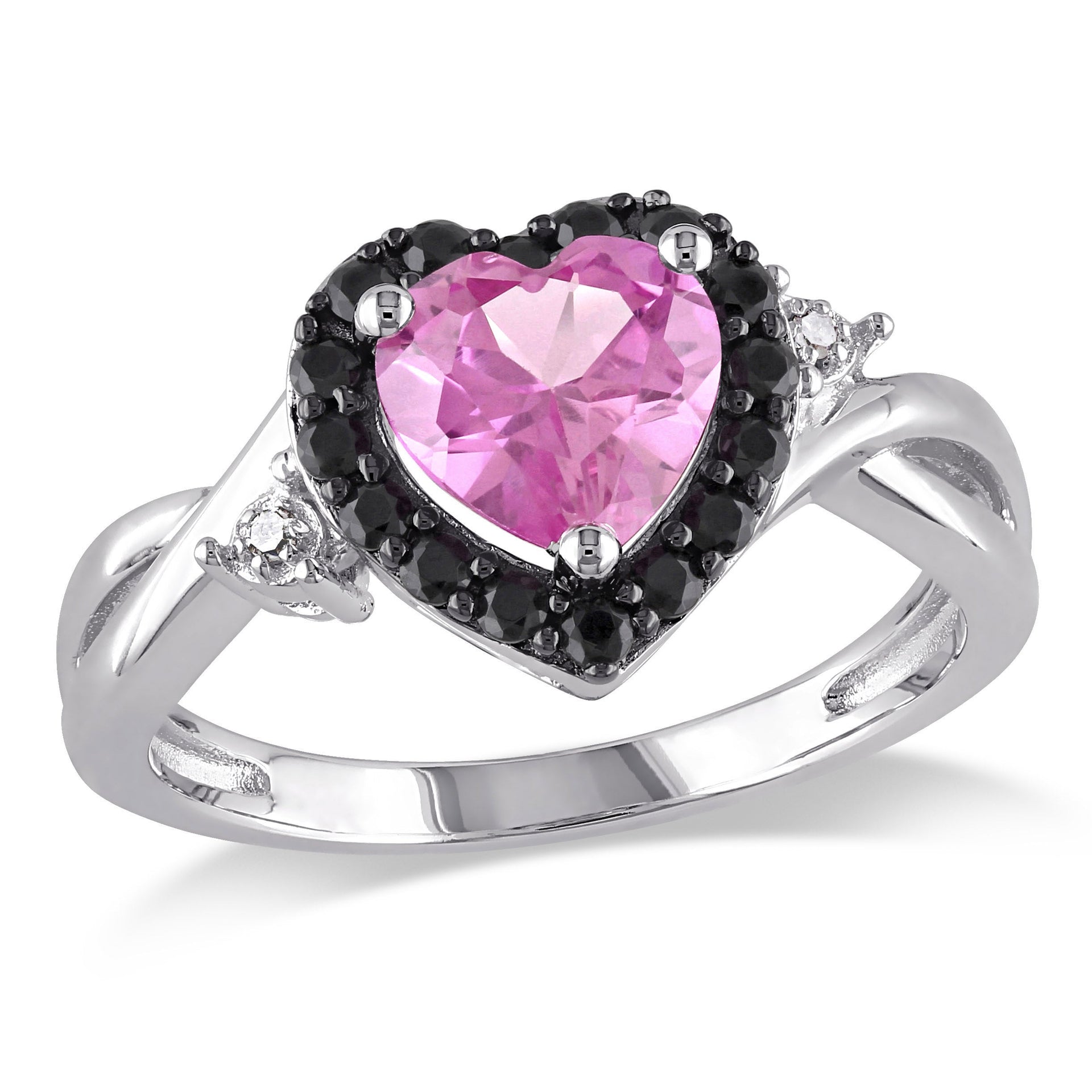 Created Pink Sapphire, Black Spinel and Diamond Heart Ring in Sterling Silver